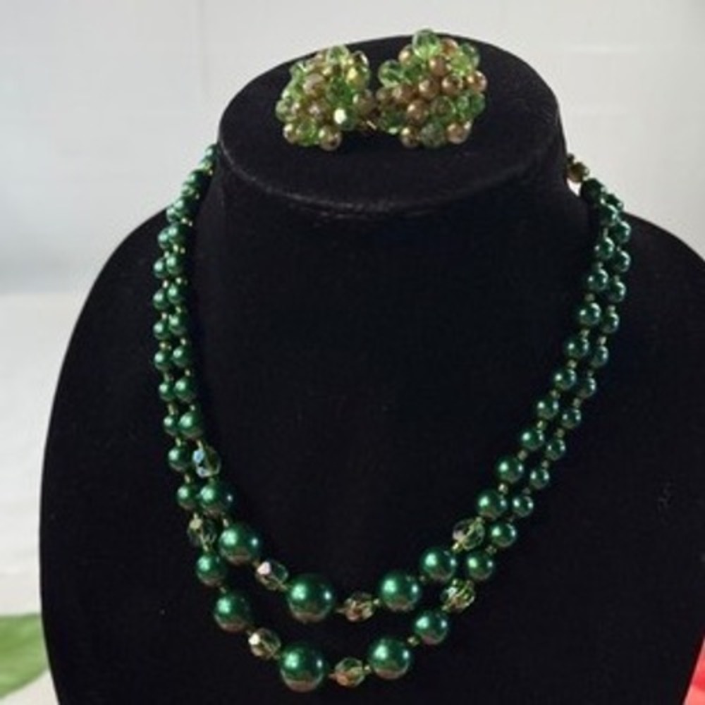Vintage Japan Emerald Green Faux Pearl Crystal Double Strand Necklace Earrings